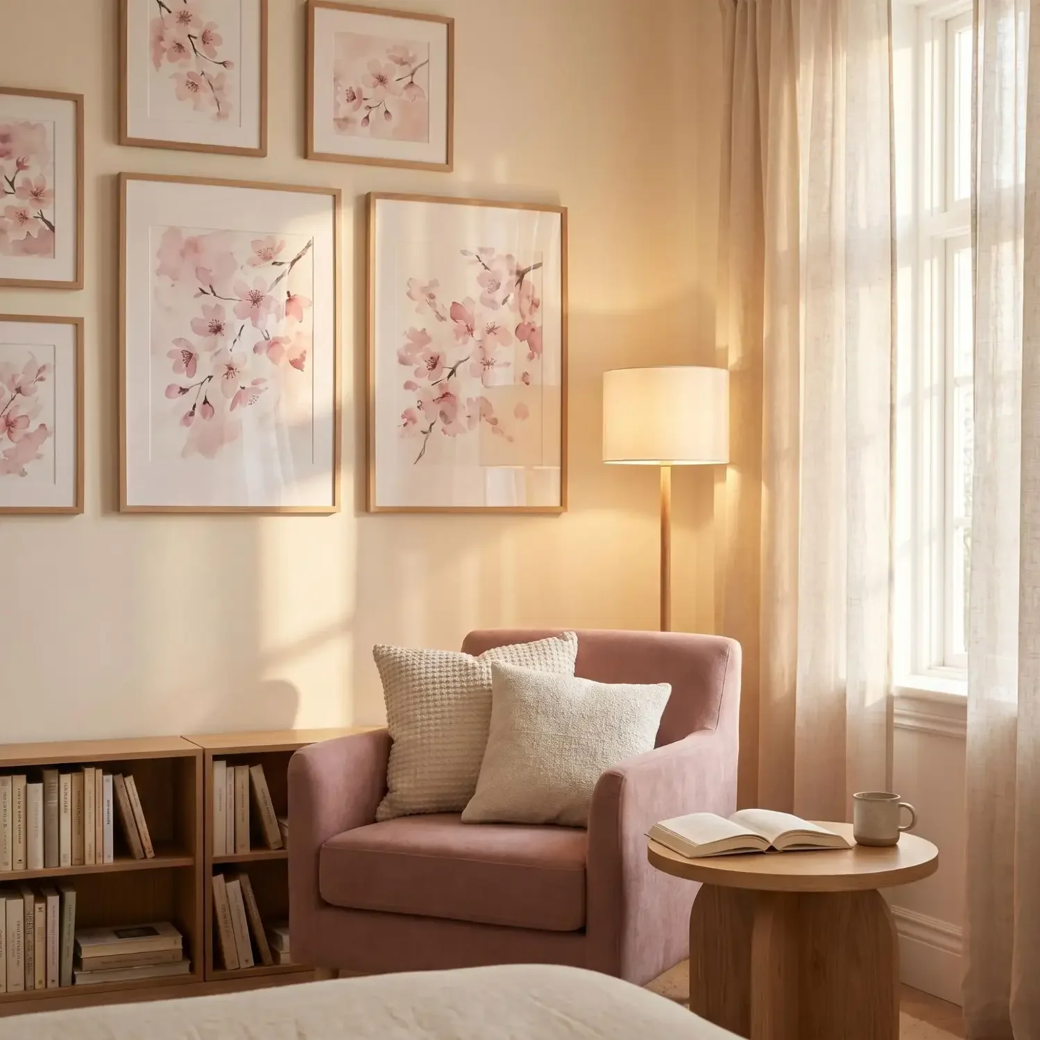 Watercolor cherry blossom wall art in cozy bedroom