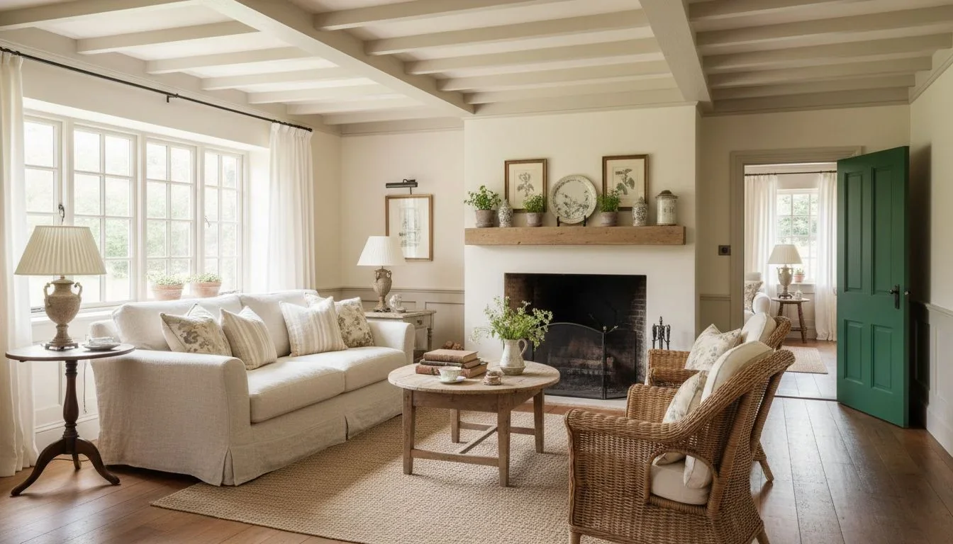 Creamy walls with contrasting trim and bold door