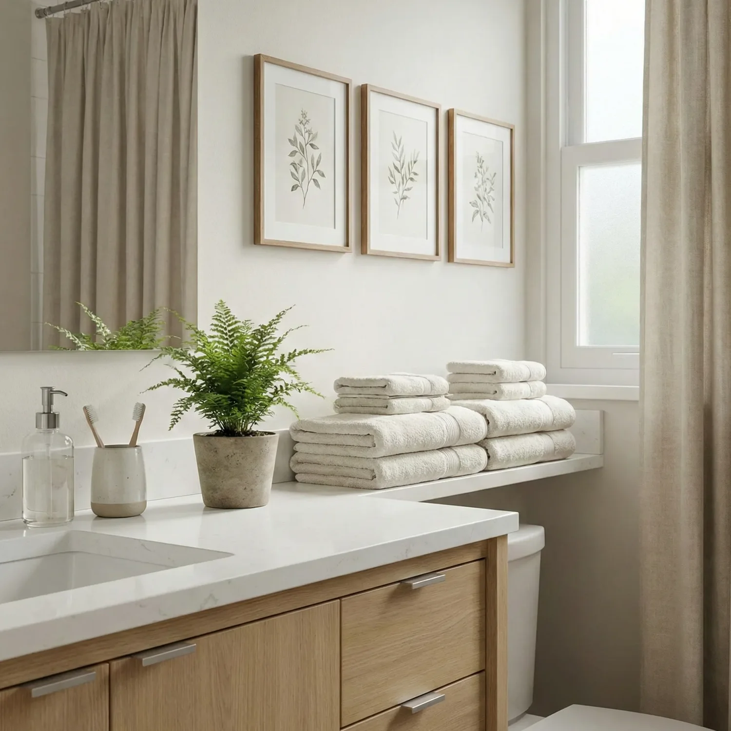 Minimal bathroom vanity with folder towels and framed leaf art