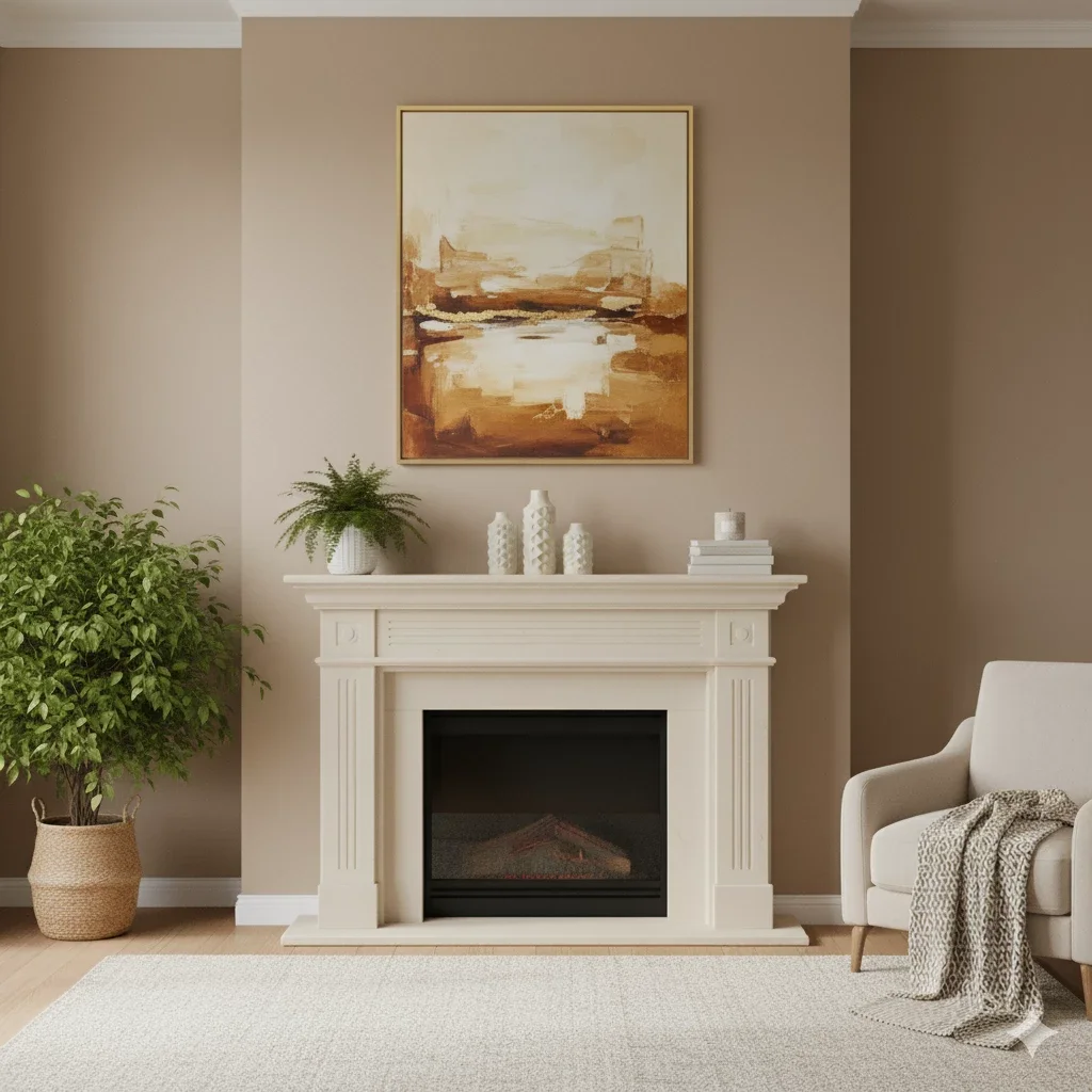 beige living room with art over classic fireplace mantel