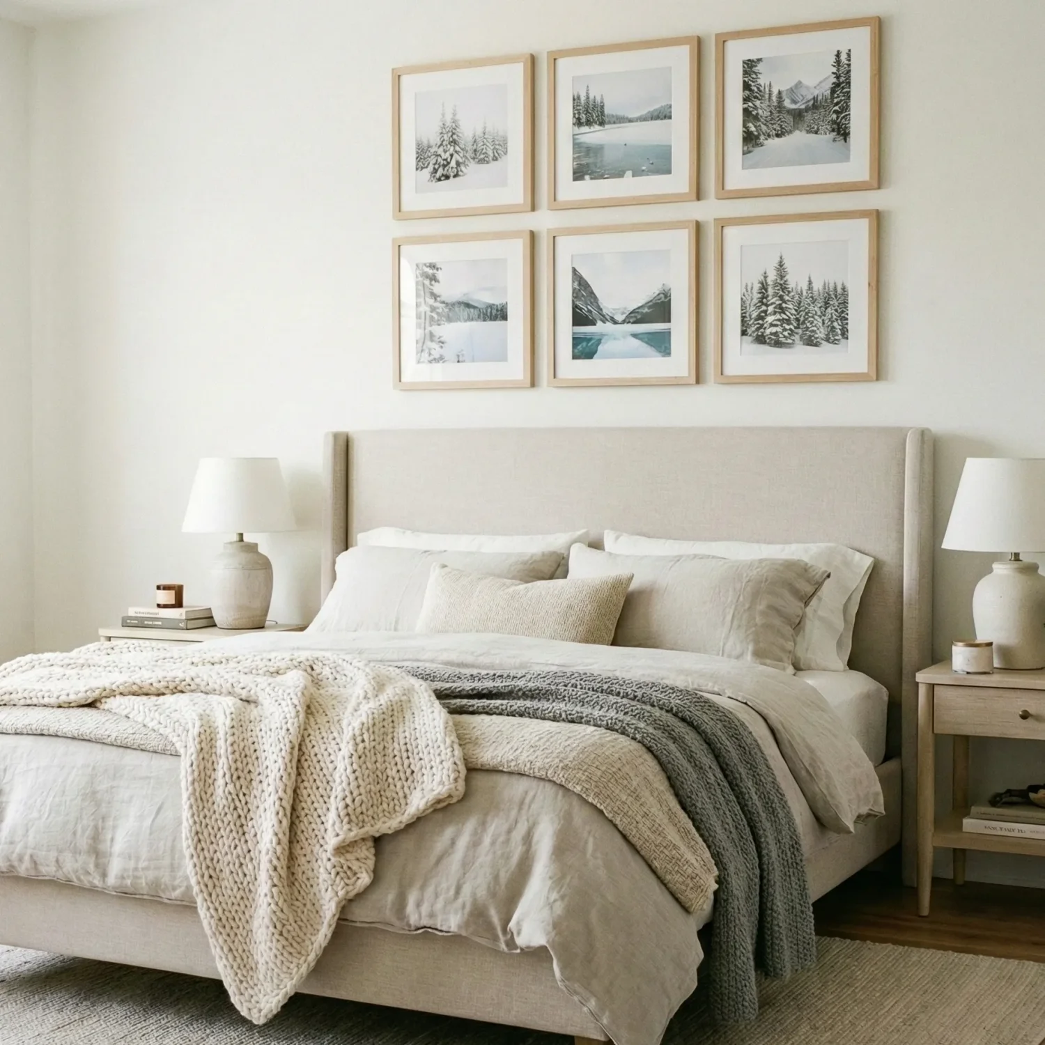 Serene bedroom with neutral bedding and winter landscape wall art