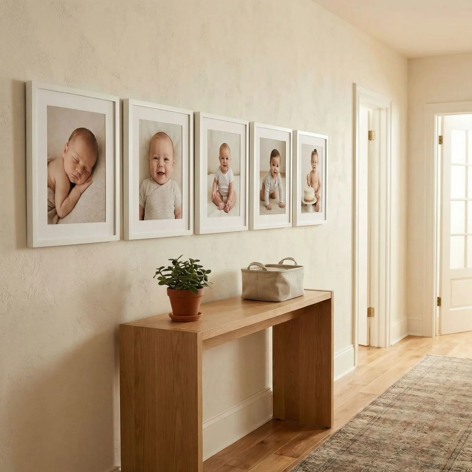 Linear timeline framed photos on hallway wall