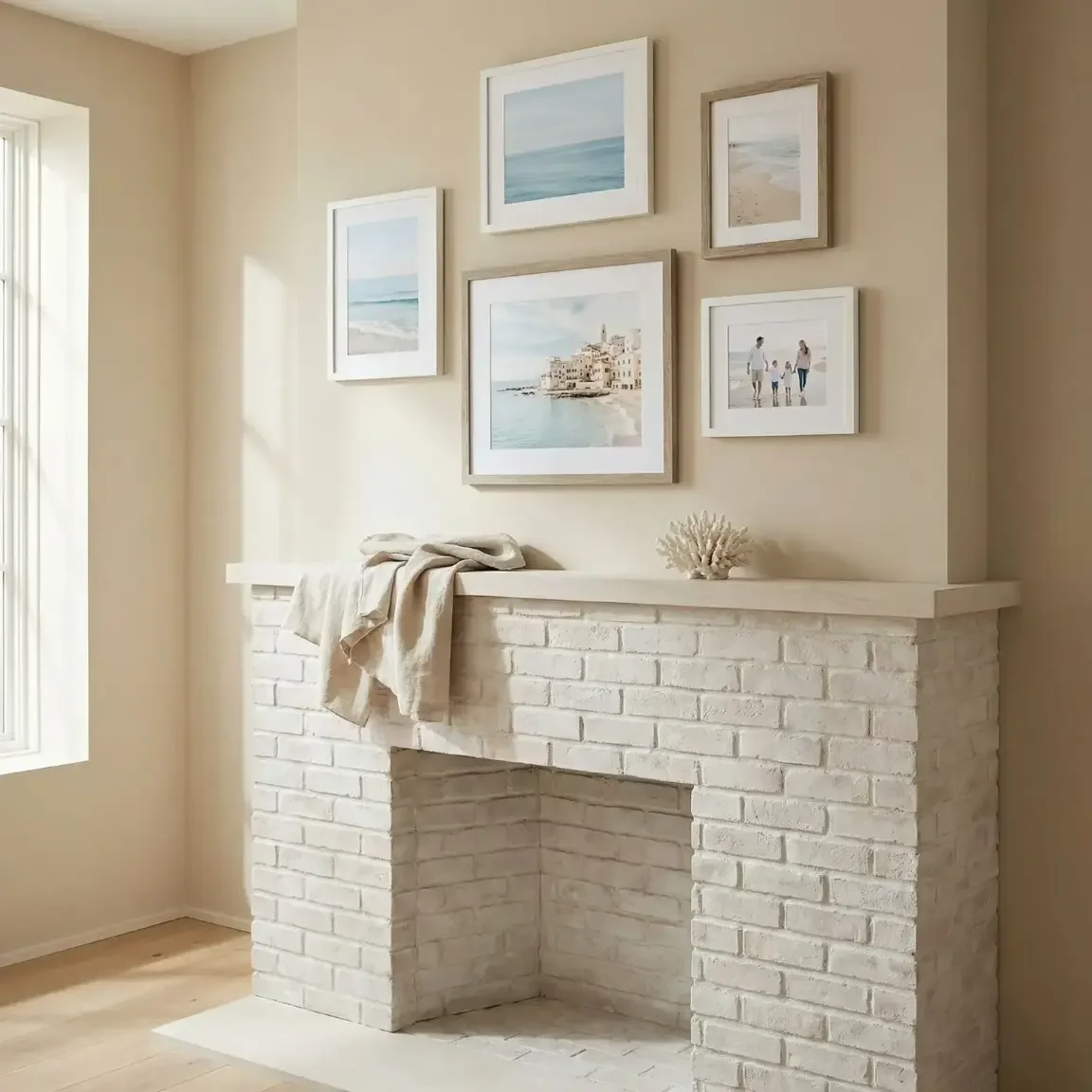 Coastal fireplace wall with framed beach photos