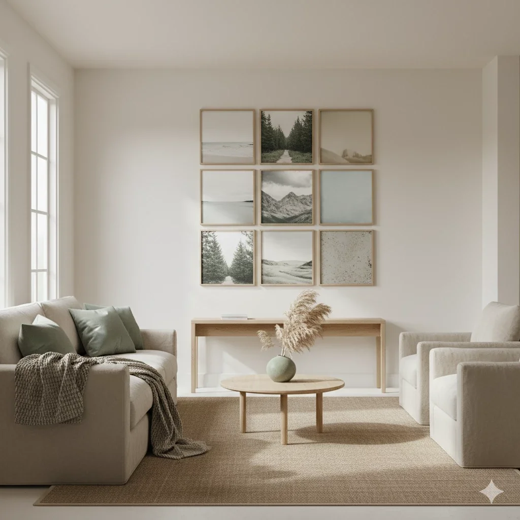 neutral living room with 3x3 nature print grid