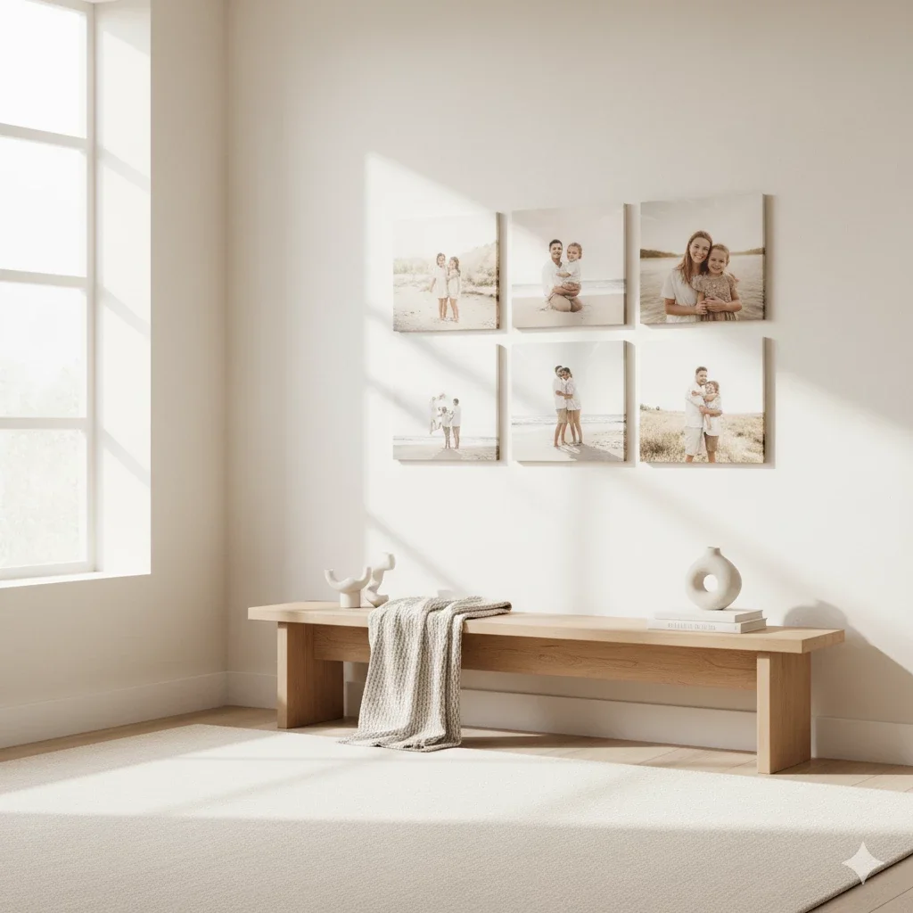 2x3 grid of canvas photos over light wood bench