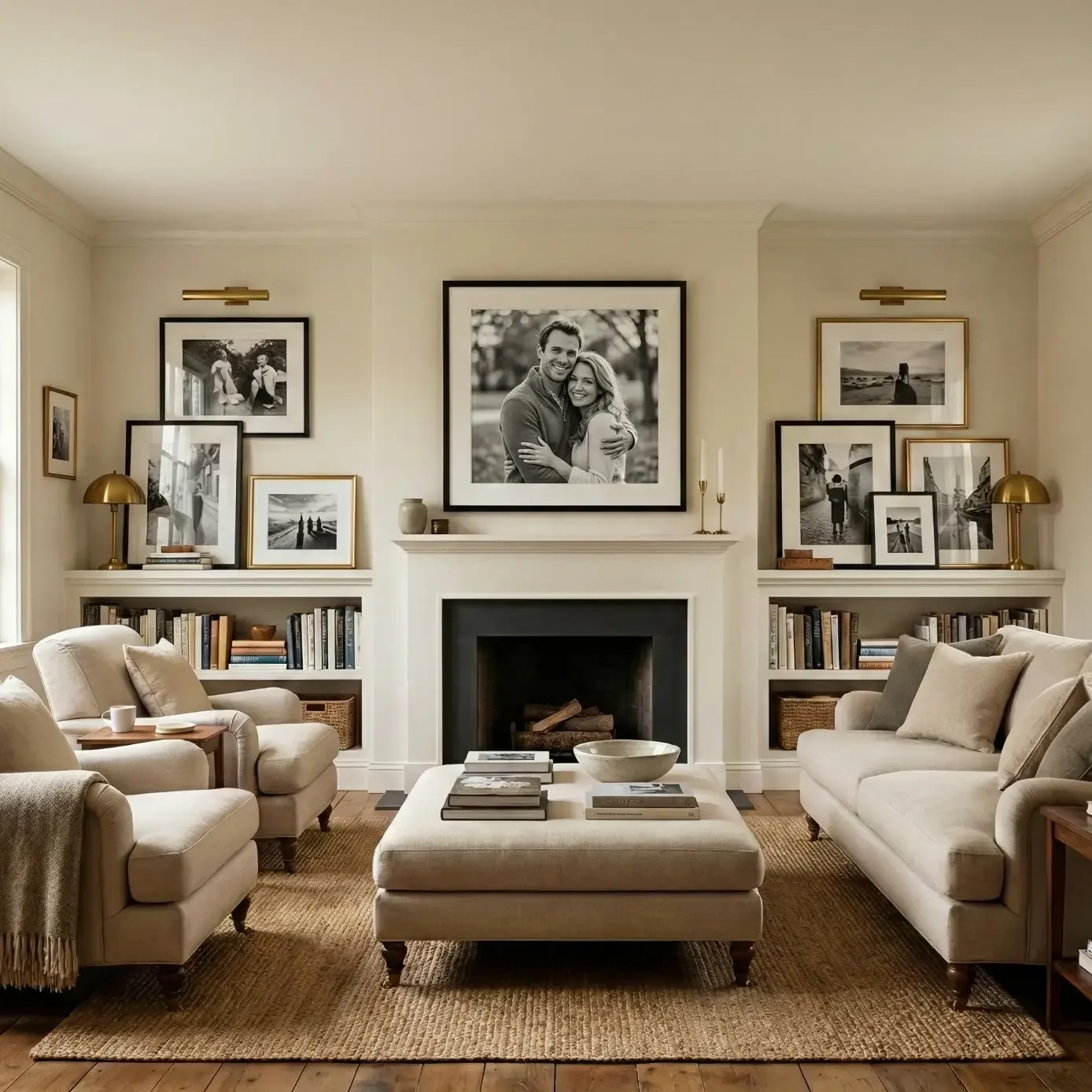 Cozy living room with fireplace, framed photos, and beige sofas