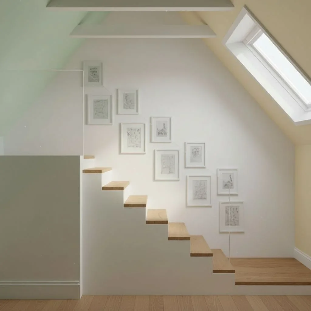 Diagonal gallery in stairwell with sloped ceiling