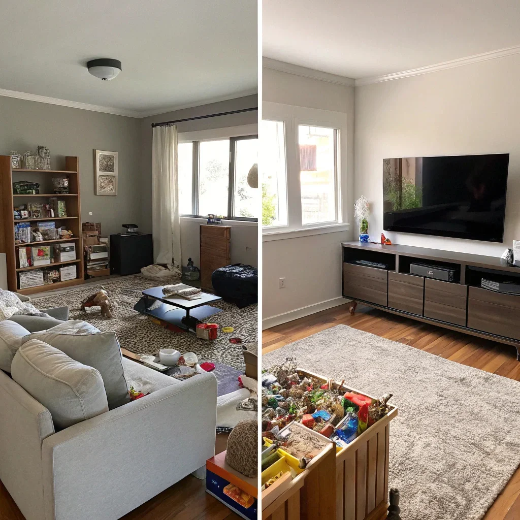 Side-by-side comparison of a cluttered room and a curated maximalist room with a clear focal gallery wall.