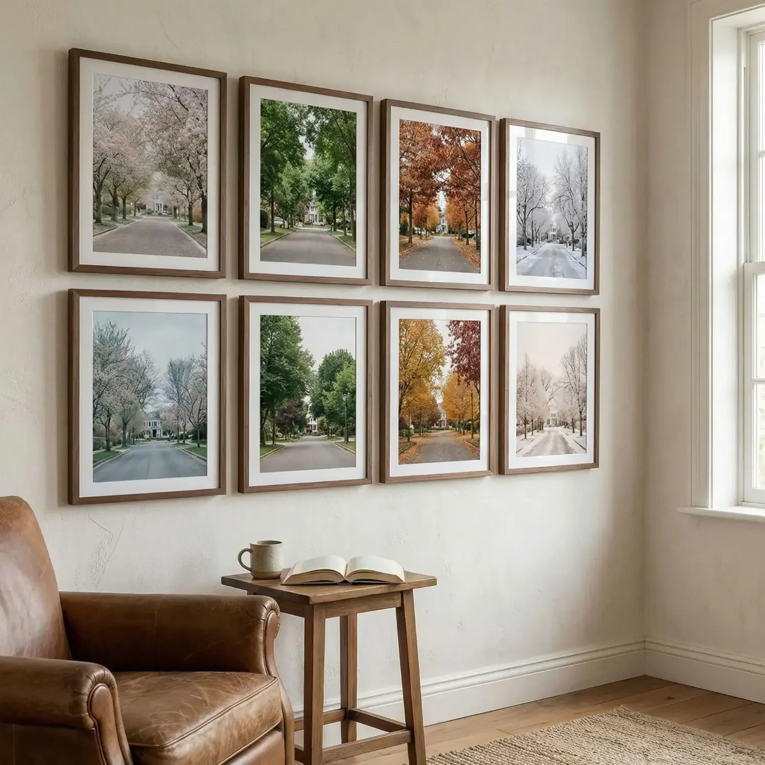 Seasonal framed photo series in cozy reading nook
