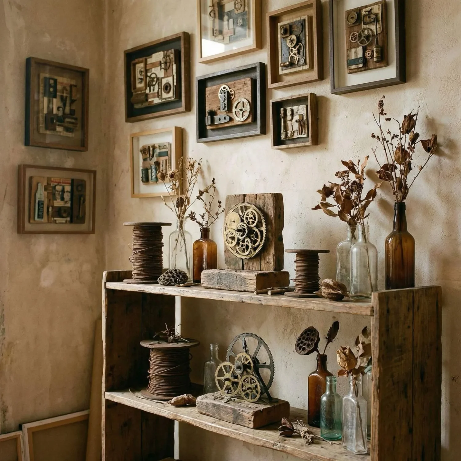 Assemblage sculptures displayed on rustic wooden shelf