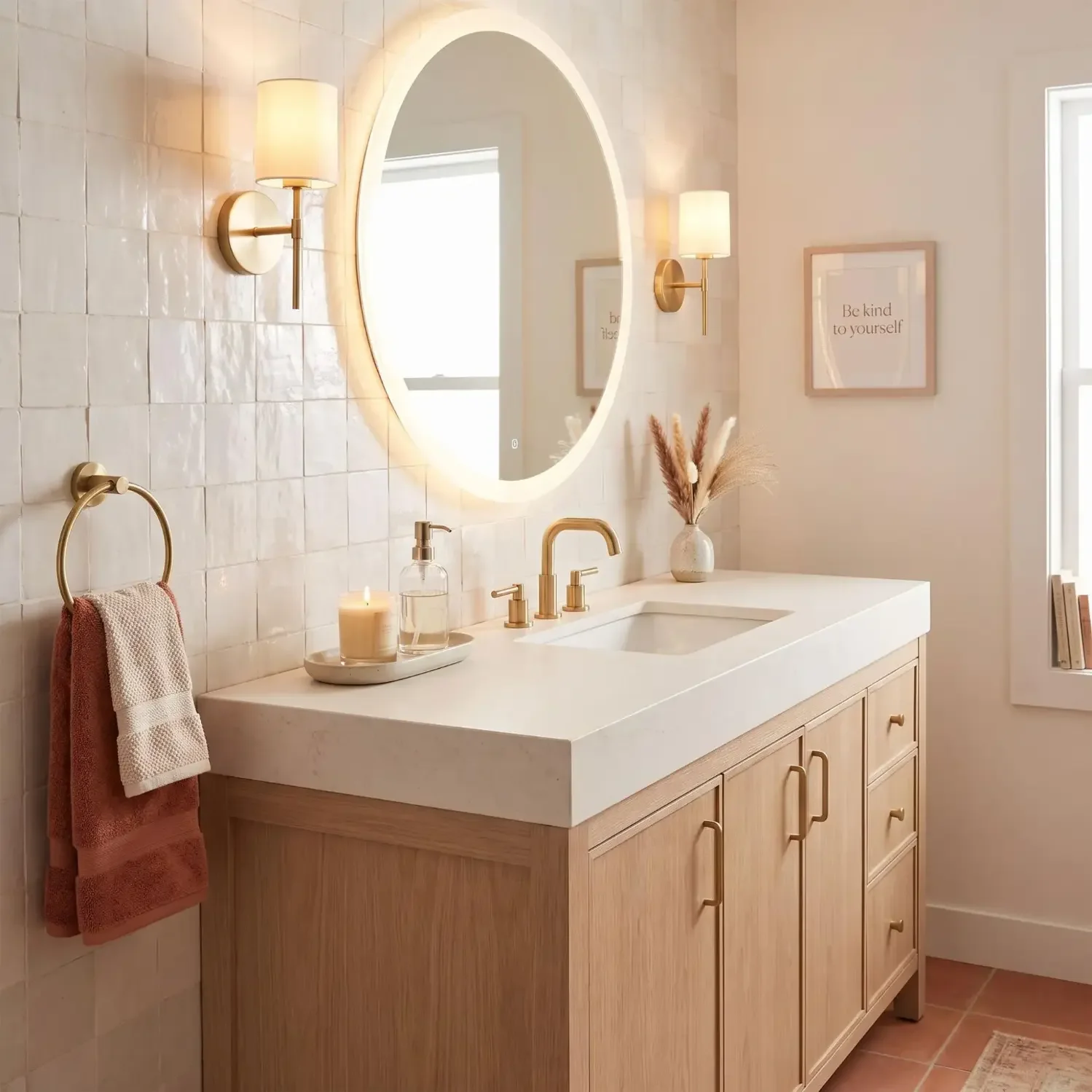 Bathroom vanity with motivational framed quote