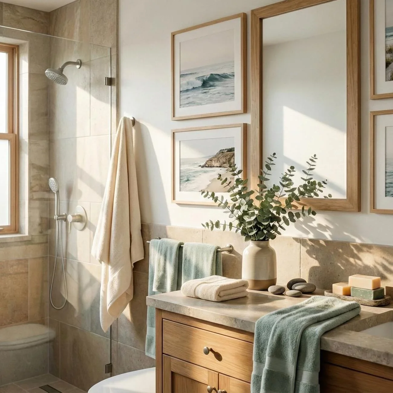 Calm bathroom with wood vanity, coastal art, and soft green towels