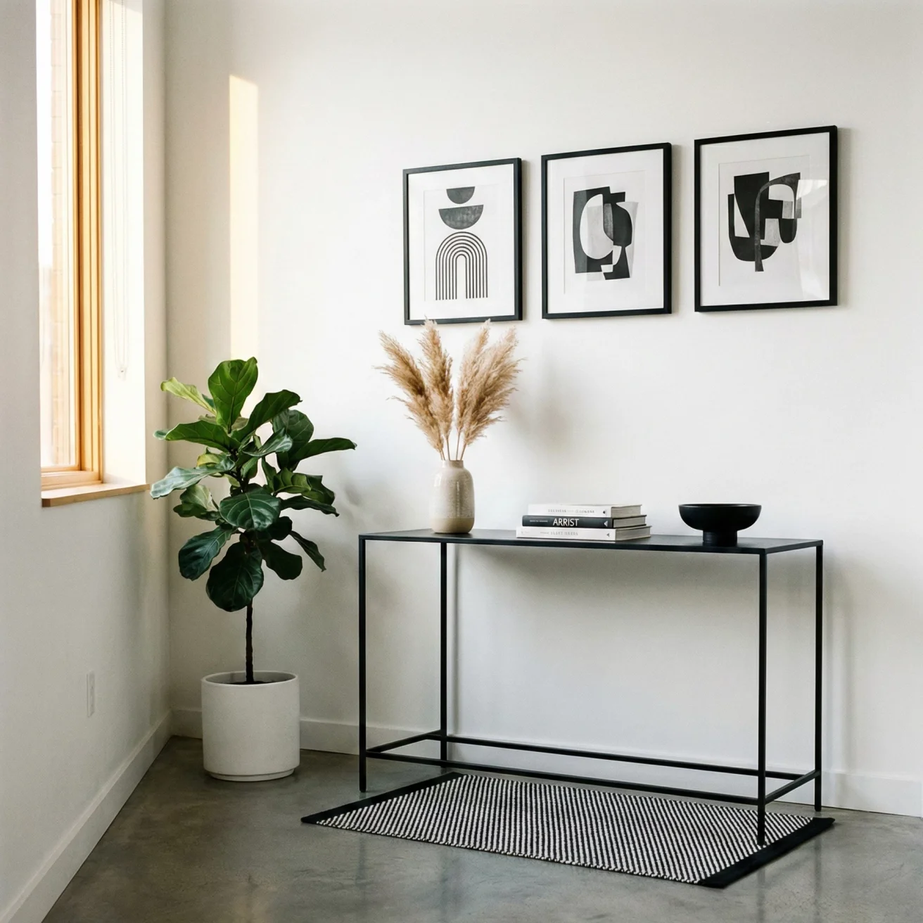 Modern hallway décor with black console and framed prints