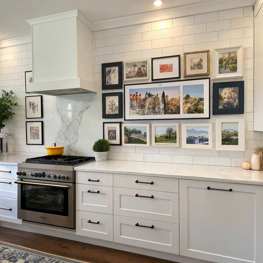 A kitchen gallery wall anchored by one larger hero frame with smaller pieces balanced around it, all with matching spacing and coordinated frame colors for a unified look.