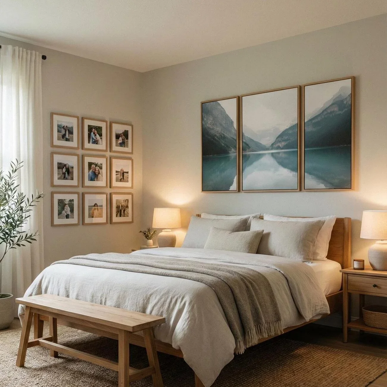 Calm bathroom with wood vanity, coastal art, and soft green towels