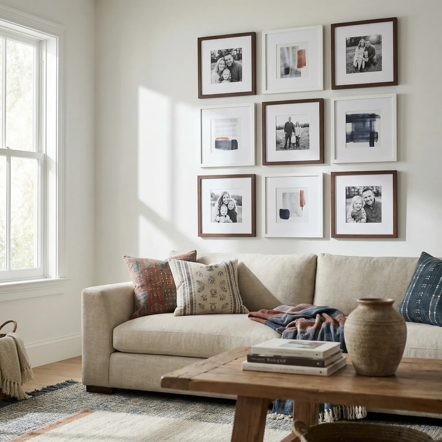 Cozy living room with gallery wall above beige sofa