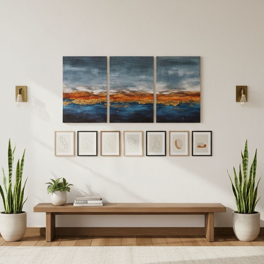 Triptych abstract seascape above bench and small art row
