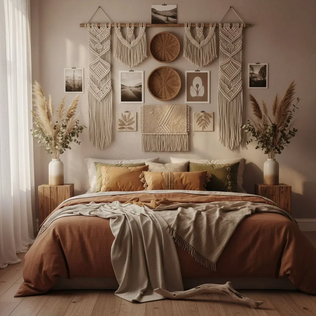 Boho bedroom with textured wall art
