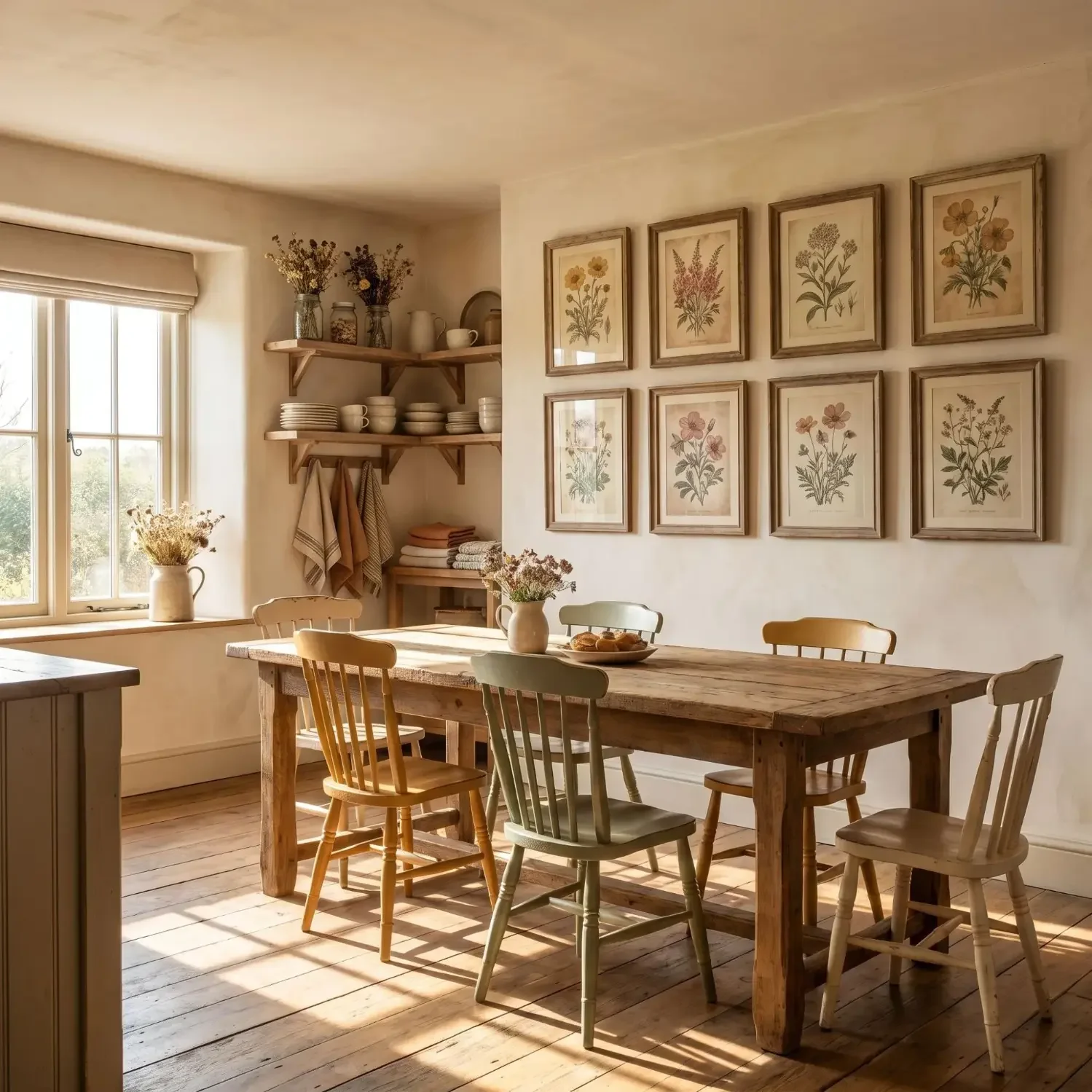 Vintage botanical prints on farmhouse kitchen wall