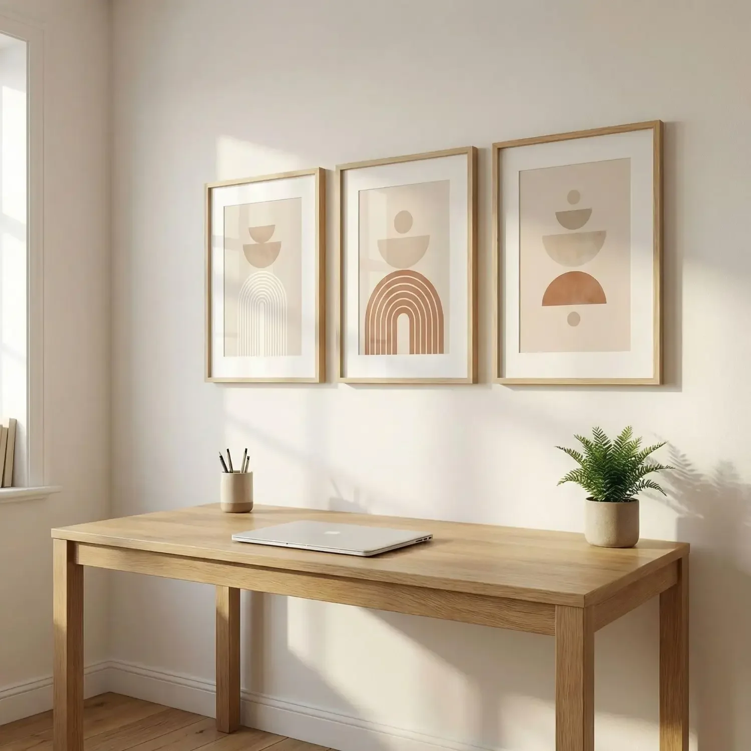 Framed art prints behind minimalist home office desk