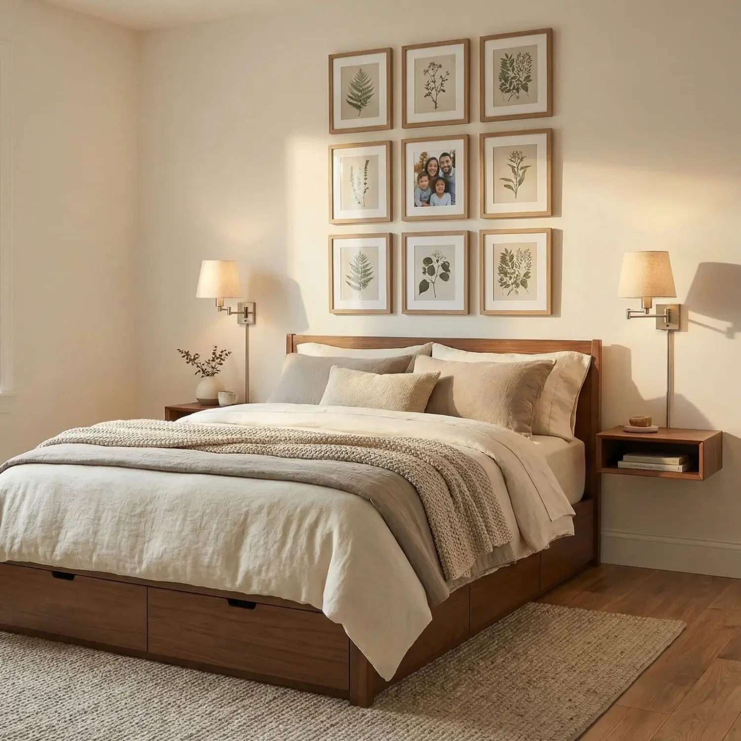 Minimalist bedroom with storage bed and wall art