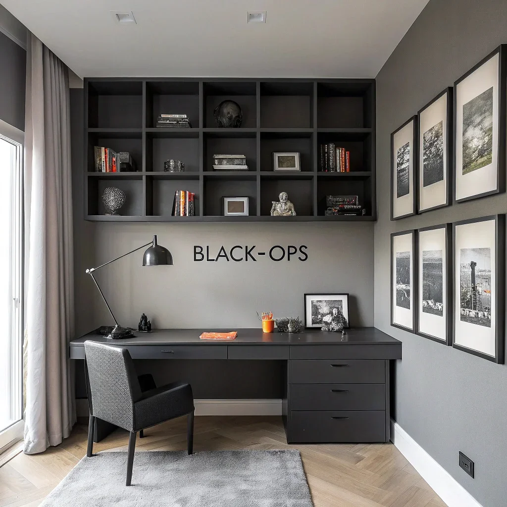 Ultra-minimal black-and-gray workspace with a matte-black desk lamp, uncluttered surfaces, slim shelving, and a tight grid of high-contrast black-and-white prints.