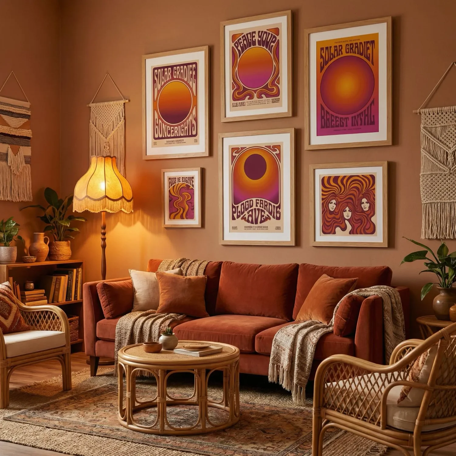 1970s boho interior with psychedelic framed prints