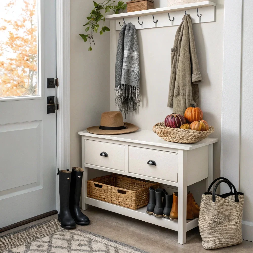 A tidy fall entryway with a slim console, a low basket for scarves, a wall-mounted shelf, and a boot tray by the door, creating an organized and visually calm small-space drop zone.
