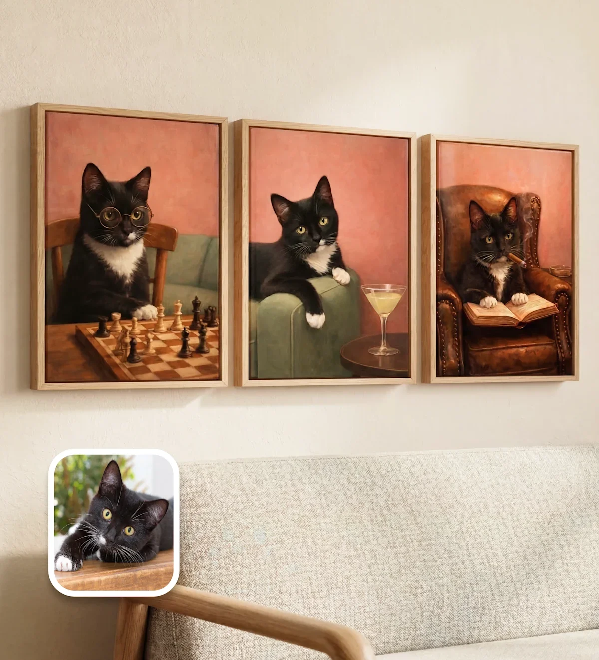 AI cat portrait in living room