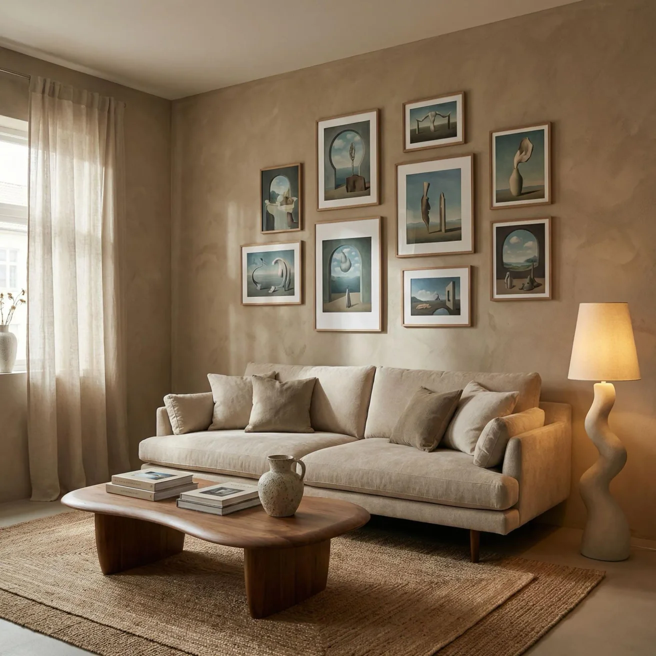 Surreal gallery wall with framed art above sofa