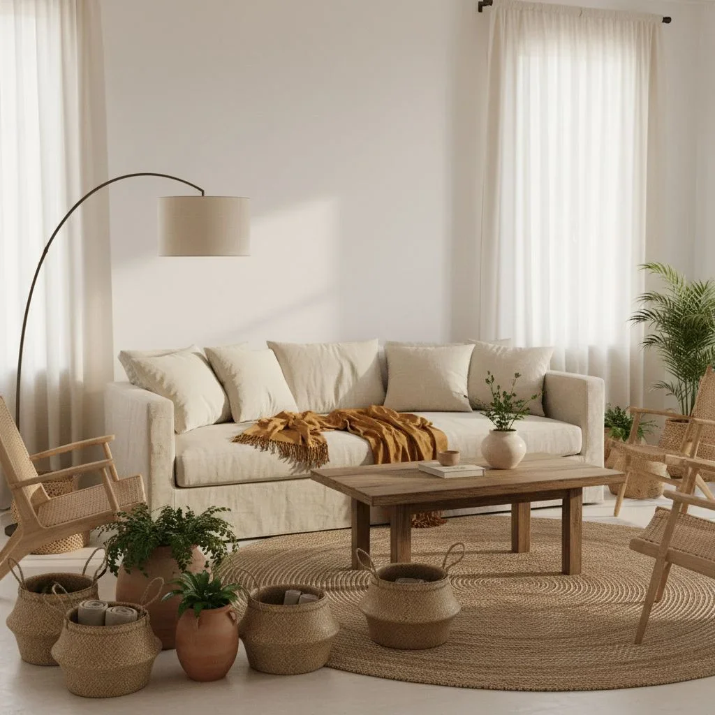Soft pastel boho bedroom with rattan and linen accents