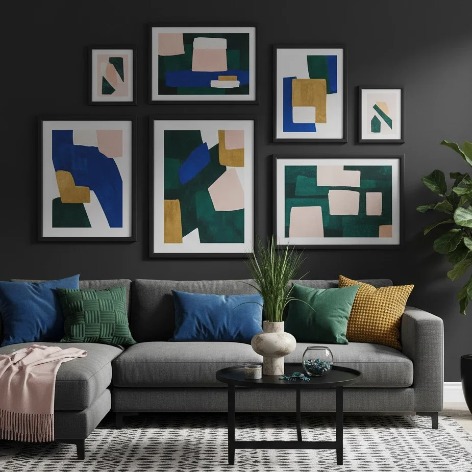 Dark living room with bold abstract art and bright pillows