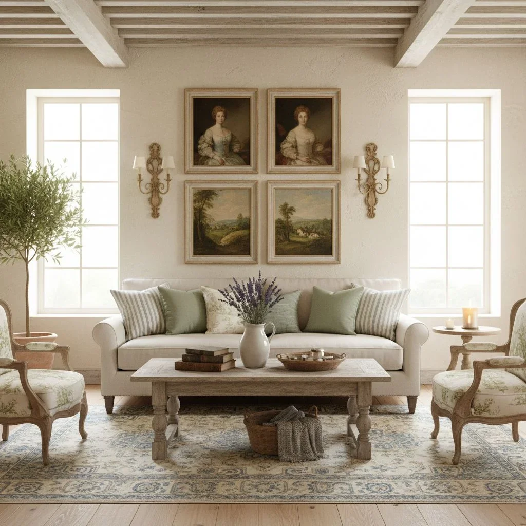 French country decor with vintage art and soft hues