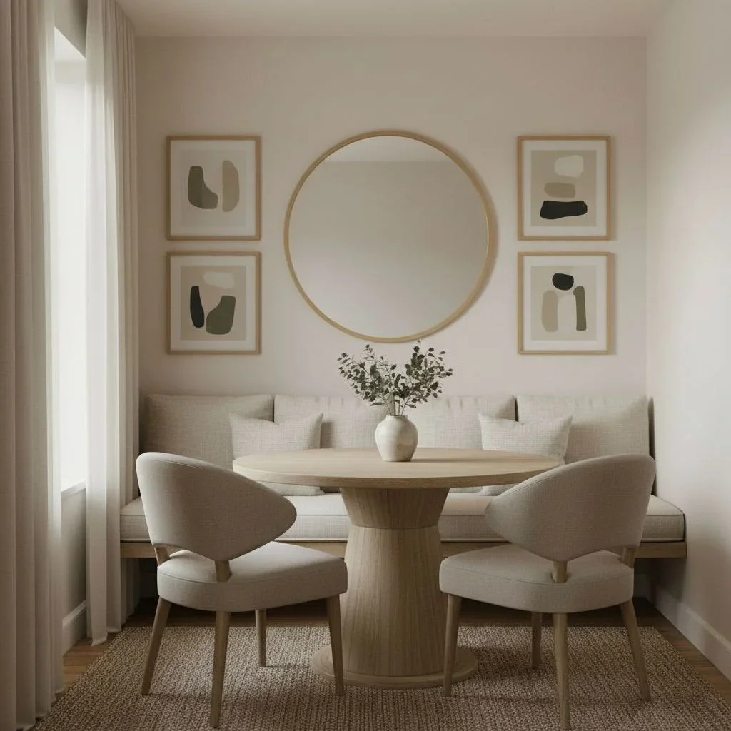 Small dining area with mirror motif and framed pictures