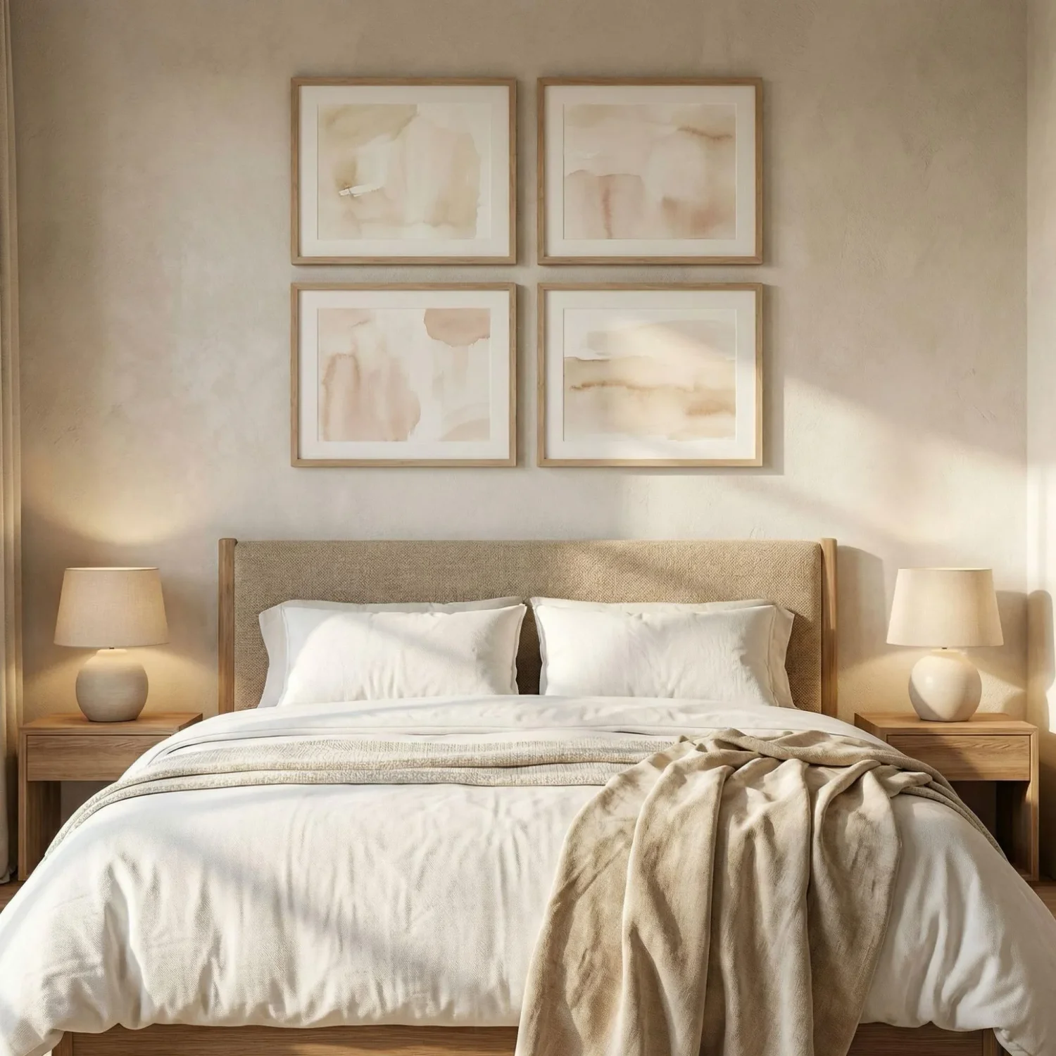 2x2 framed photo grid above bedroom headboard