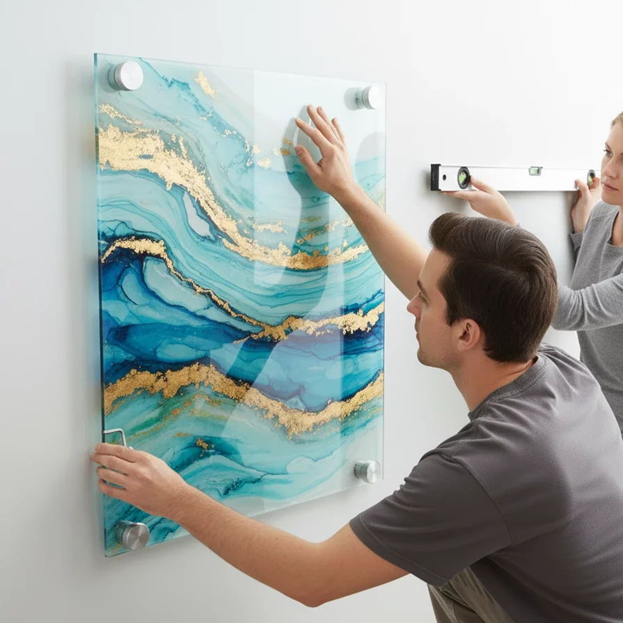 Two people hanging a glass artwork on the wall