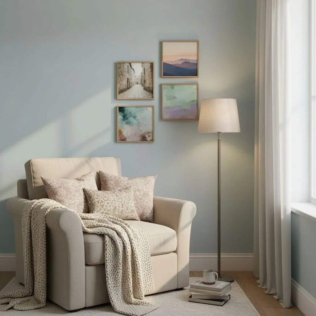 Cozy reading nook with clustered art