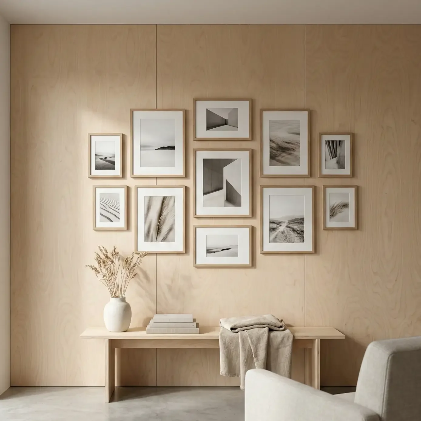 Minimal entryway with black-and-white gallery on wood wall