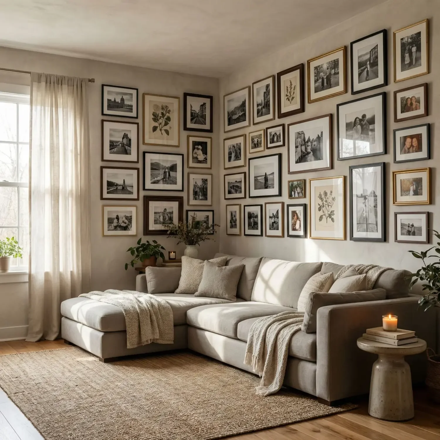 Wraparound gallery wall across two living room walls