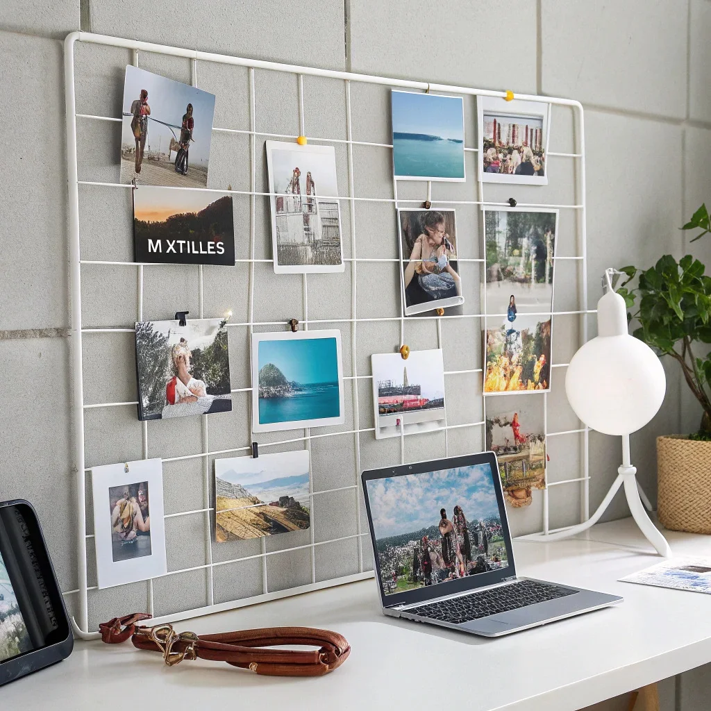 Home office with a motivational grid gallery, picture ledge for rotating inspiration, and tidy cable management.