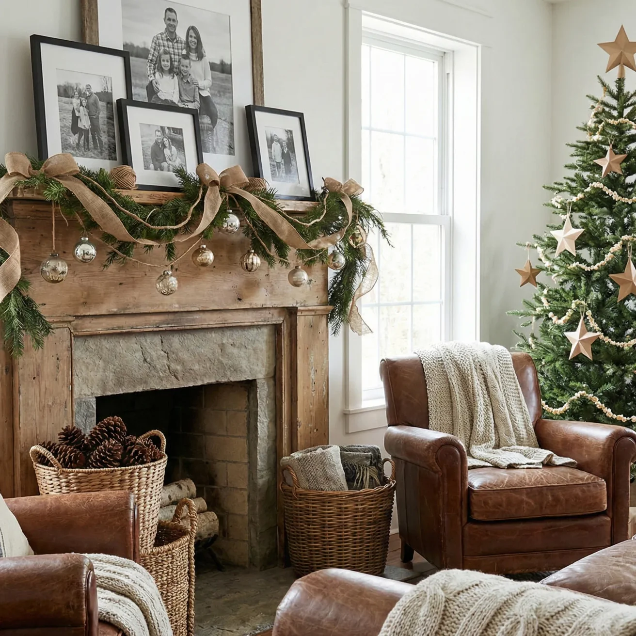 Cozy living room with rustic mantel and starry christmas tree