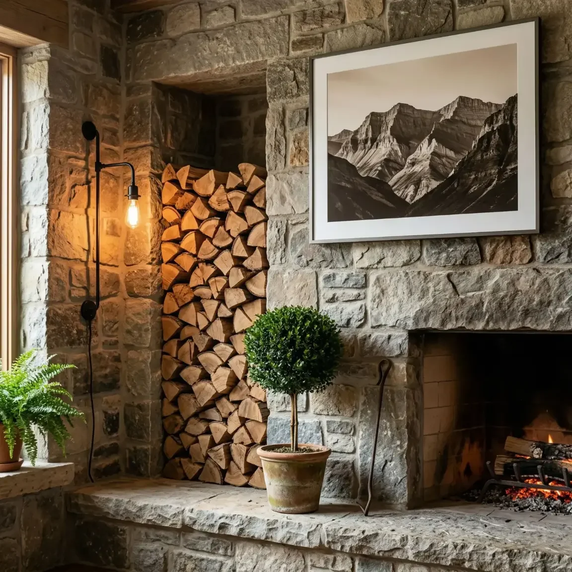 Stone fireplace niche with framed landscape photo