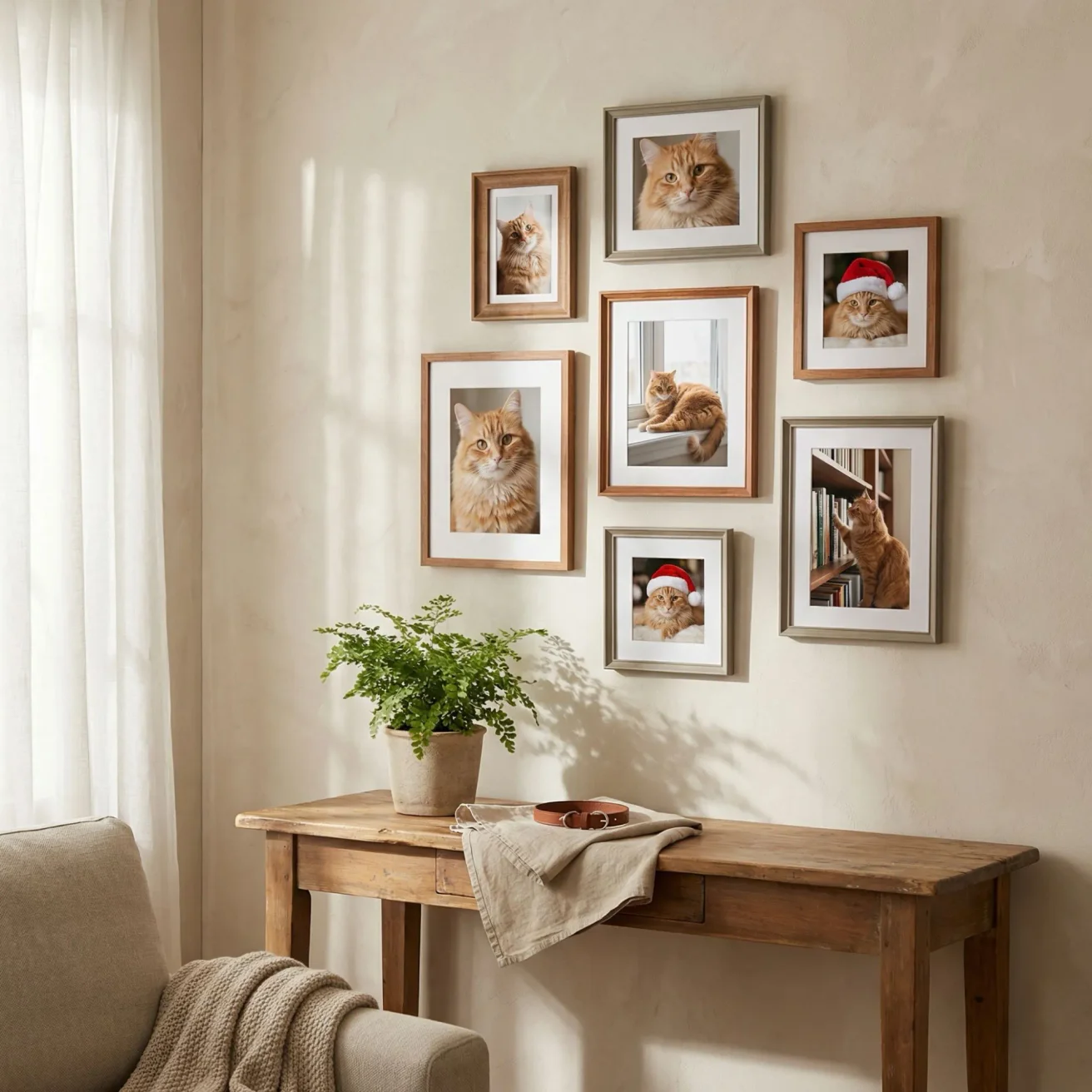 Cat milestone gallery wall with framed photos