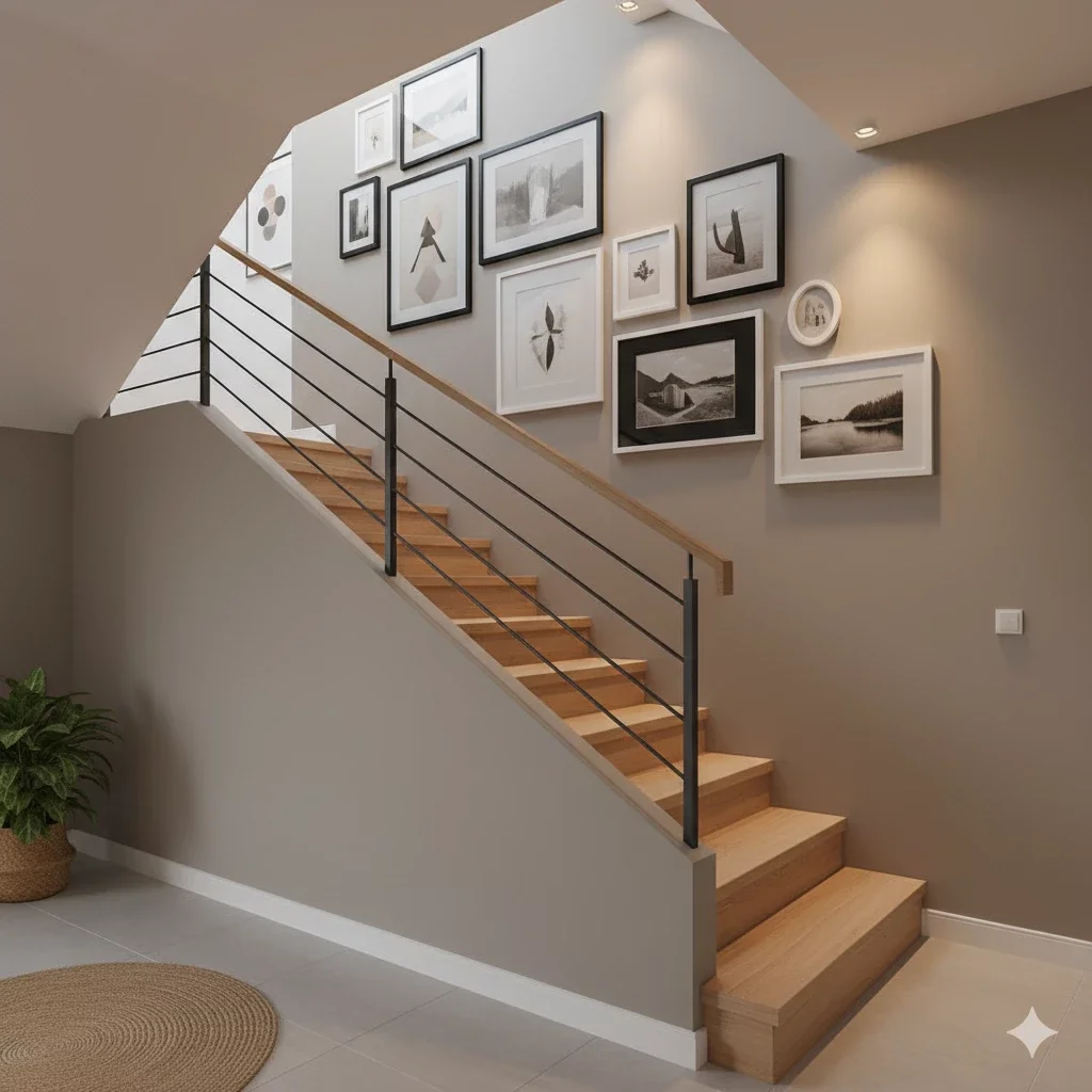 gallery wall along staircase with framed art