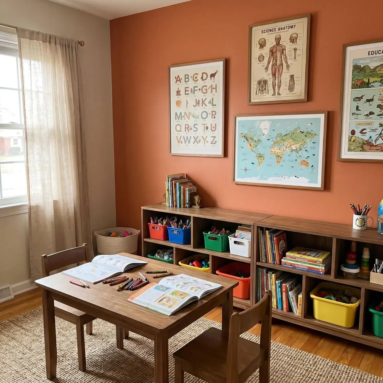 Homeschool nook with colorful educational framed art