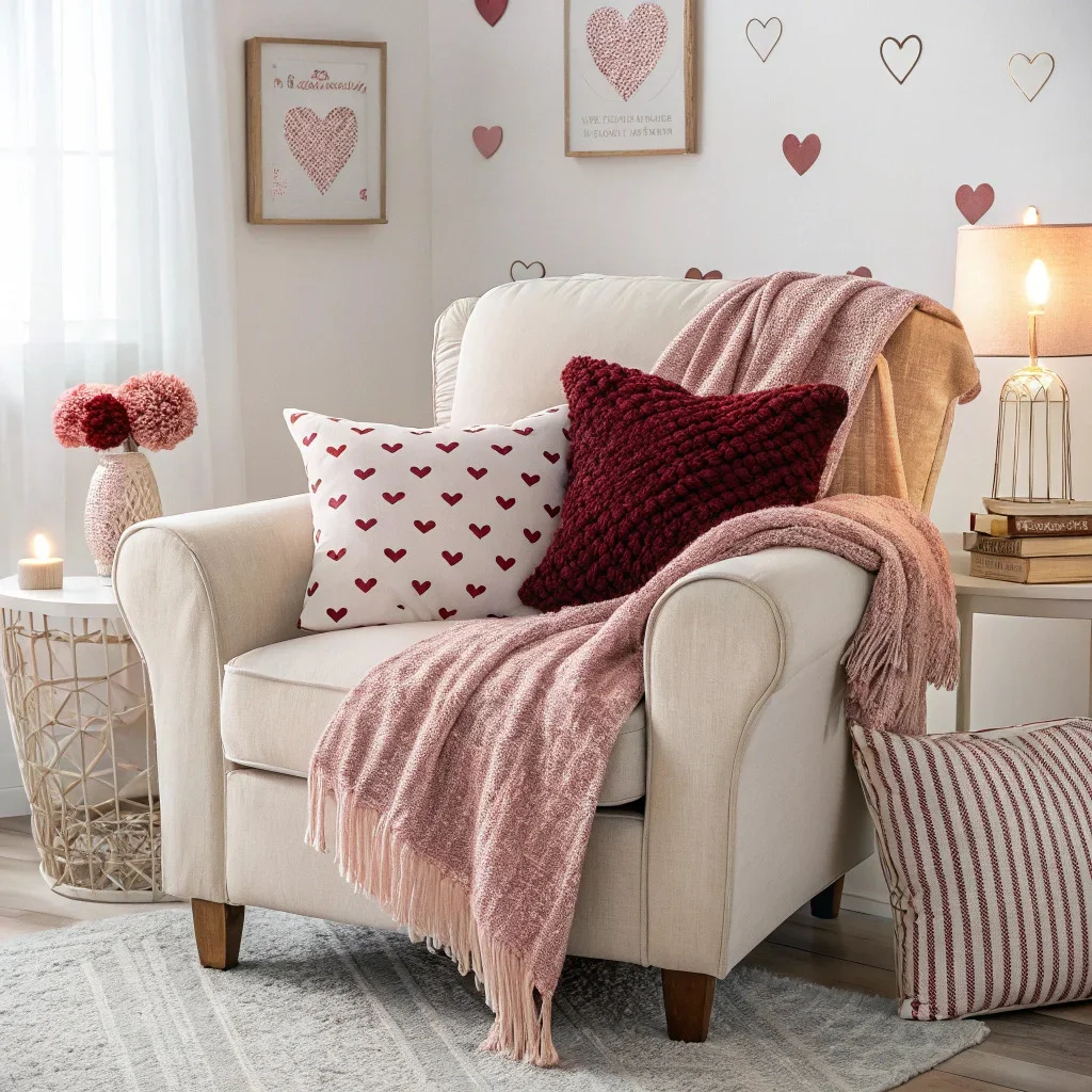 Valentine’s living room with velvet and boucle pillows in blush or burgundy and a coordinated throw draped over an armchair for a soft, romantic look.