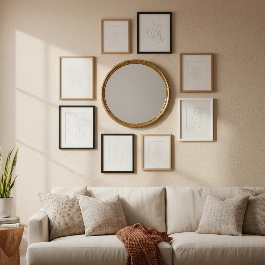 Cozy neutral sofa under gallery wall with round mirror