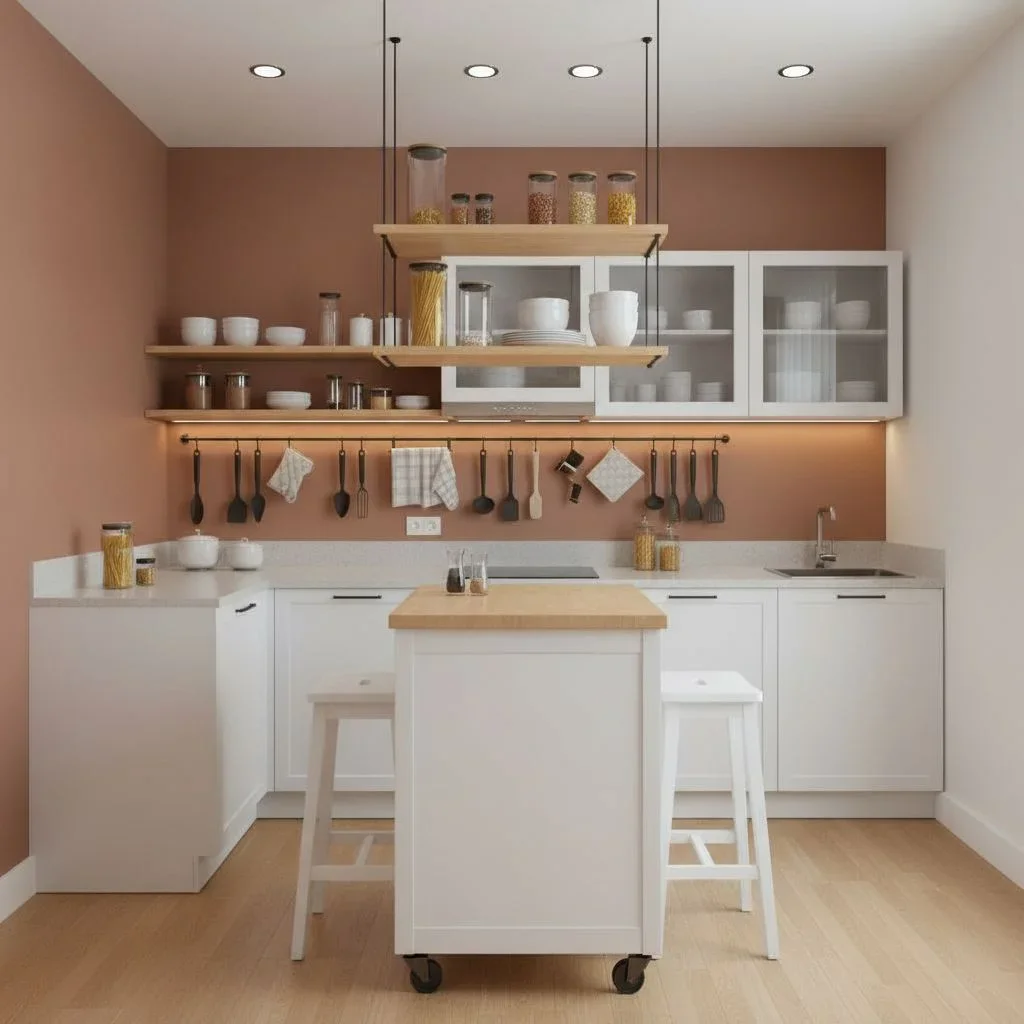Organized small kitchen with rail and glass accents