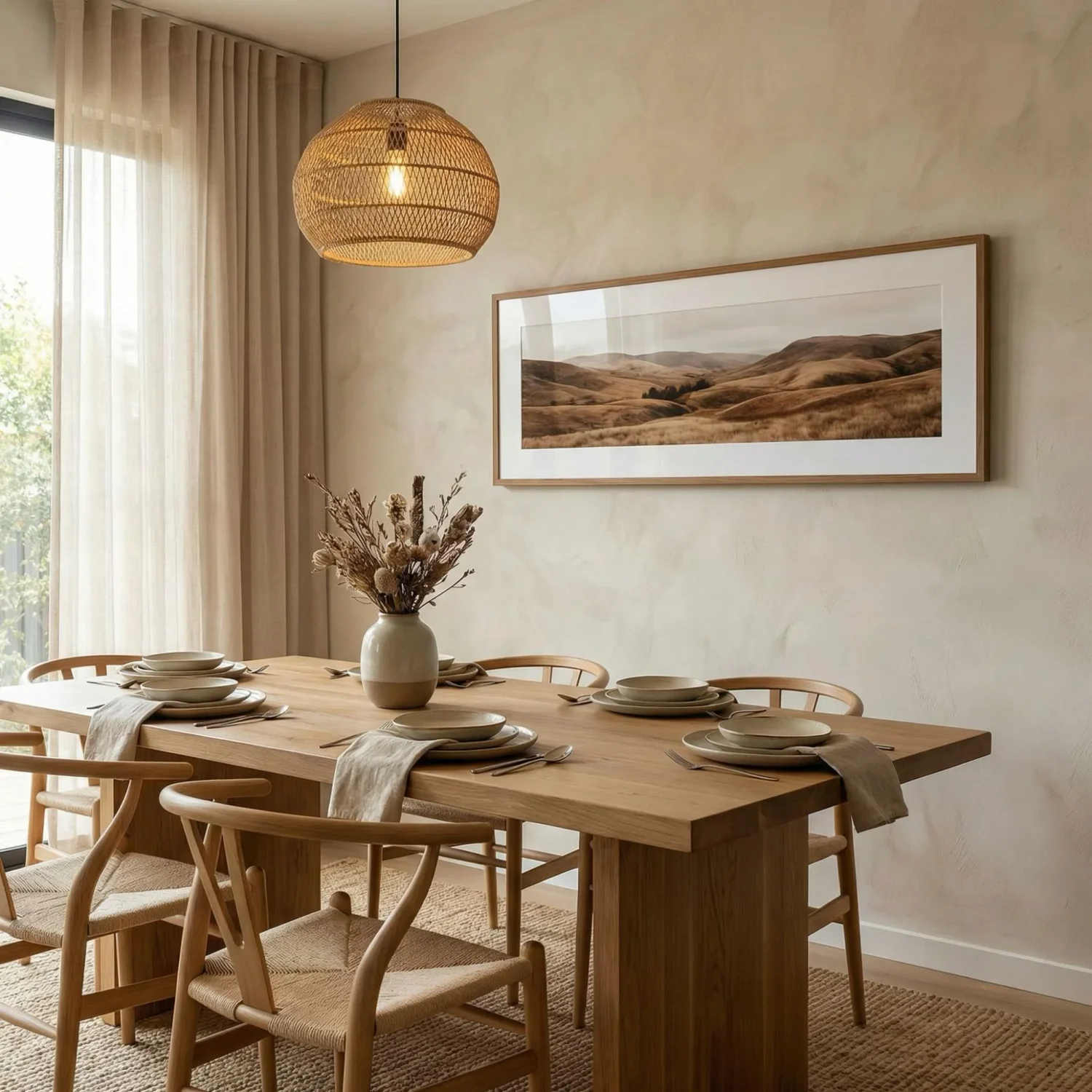 Panoramic framed art in modern dining room