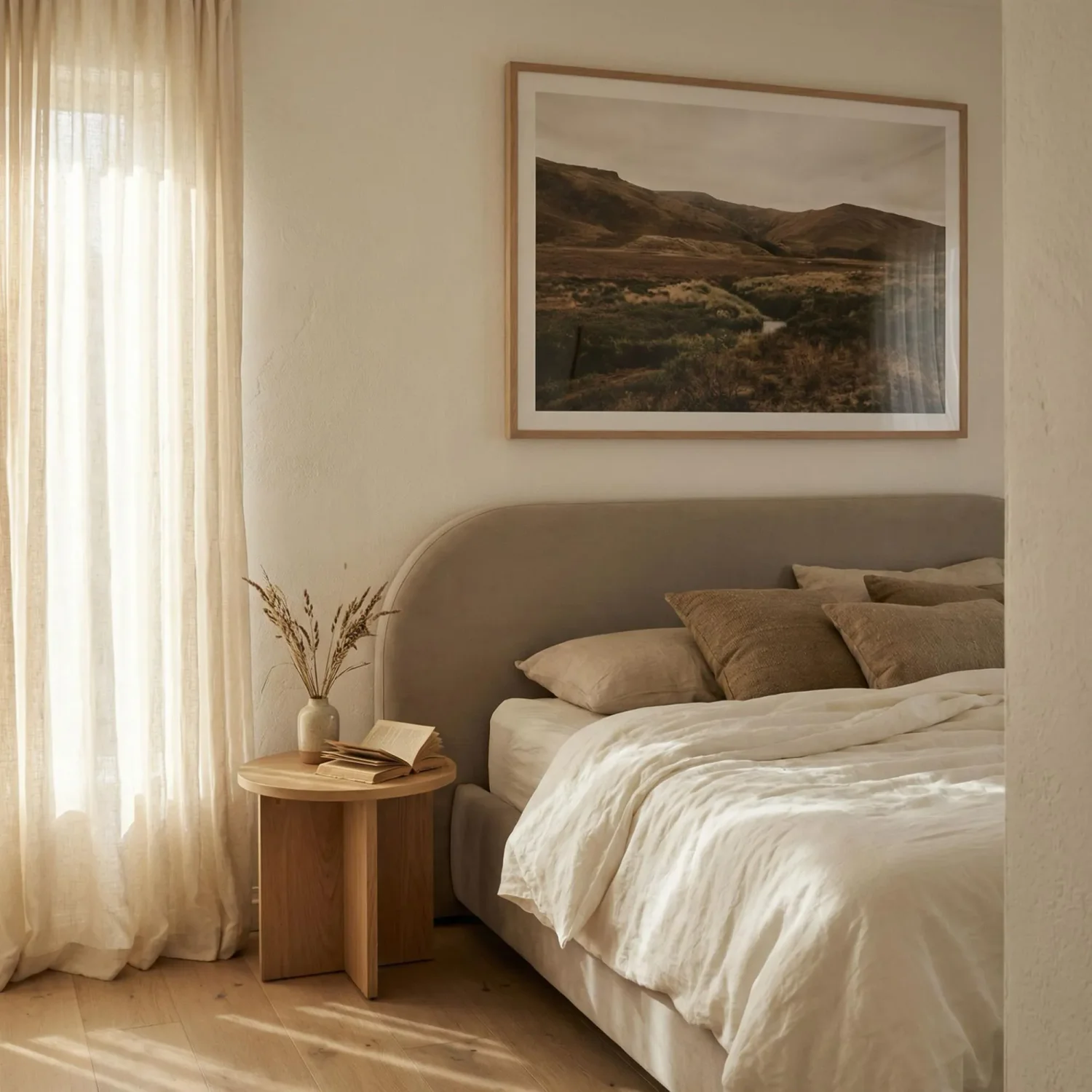 Large framed picture above headboard minimalist bedroom